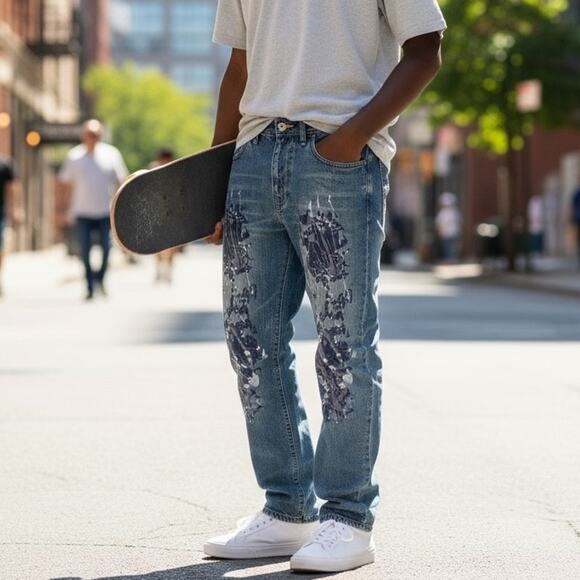 Akademiks Paint Splatter Jeans Mens Size 32 Relaxed Fit Medium Wash Casual - Picture 1 of 13